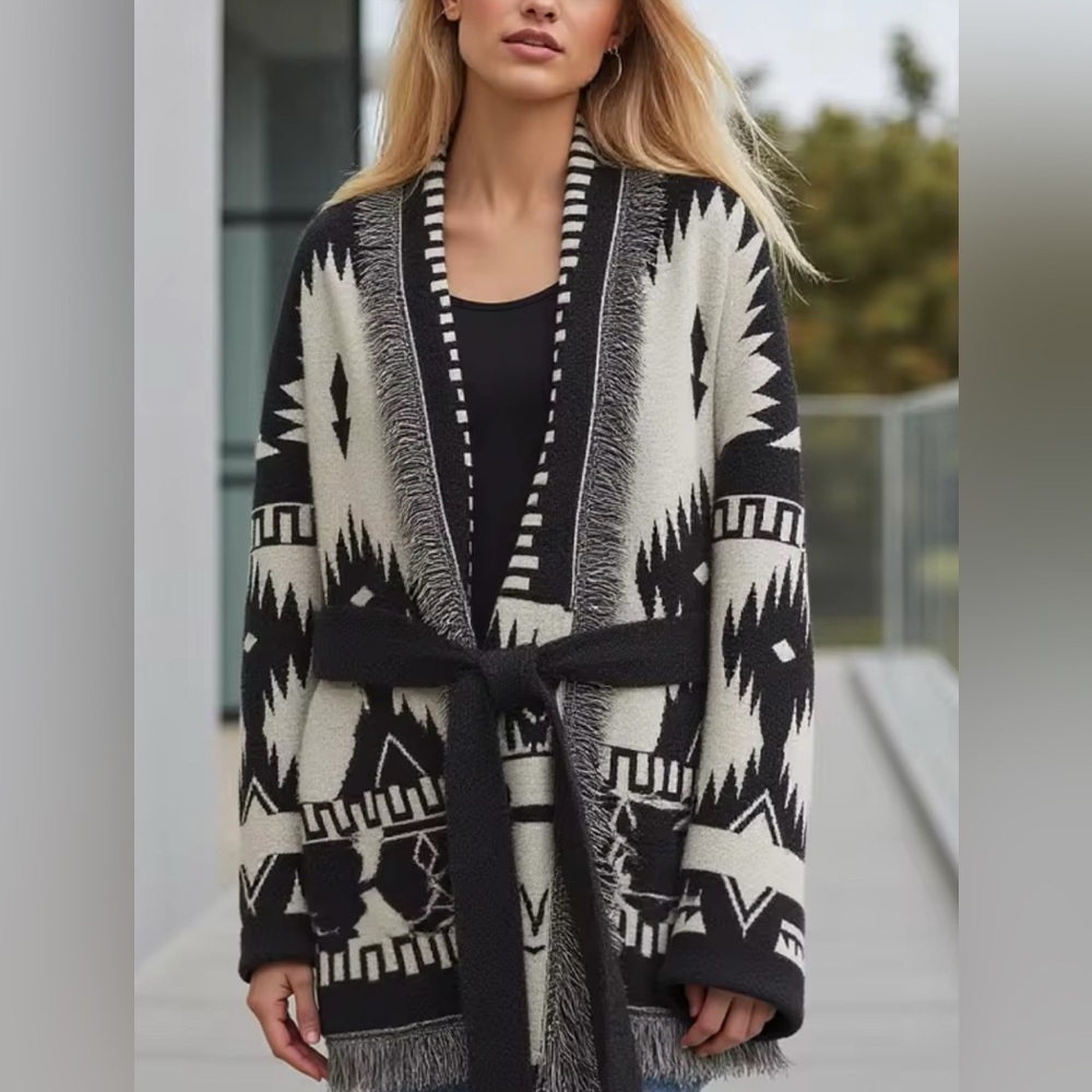 NEW $885 Luxury Women Vintage Print Tassels Cardigan 100% Cashmere Knit Sweater